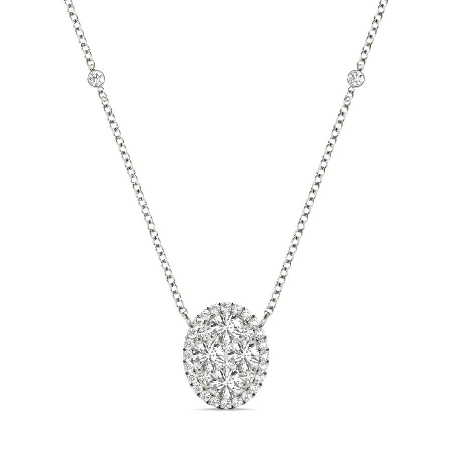 White Gold Round Cut Diamond Oval Pendant Necklace
