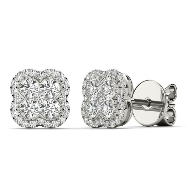 White Gold Round Cut Diamond Floral Earrings
